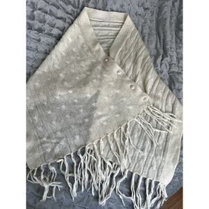 Cashmere creamy-white knit open-front poncho cape with fringes and buttons